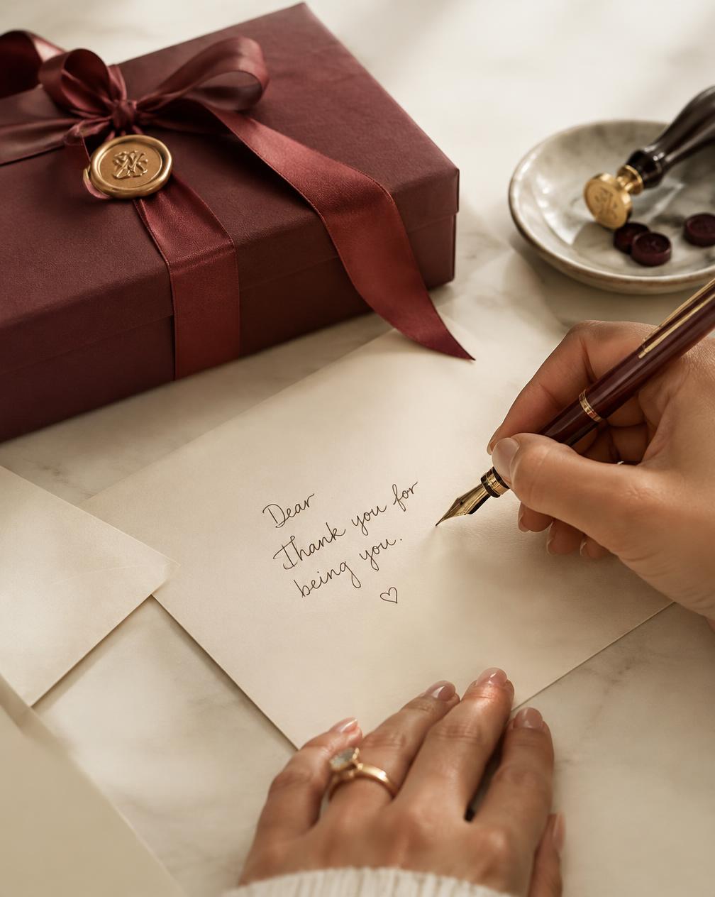 Hands writing a personal note beside a burgundy wrapped gift