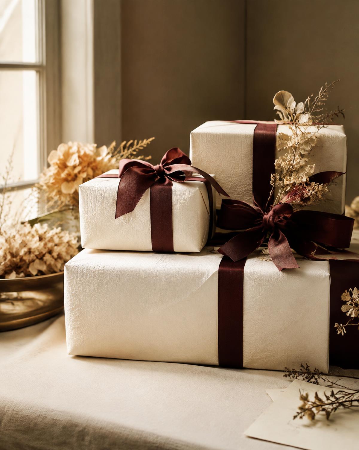 Gifts wrapped in ivory paper with burgundy silk ribbons beside dried flowers in soft window light